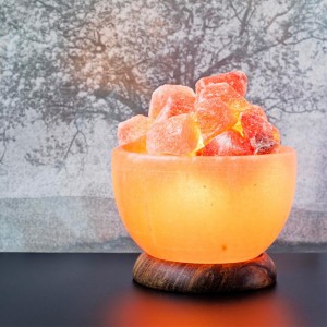 Hand Crafted Rock Salt Bowl Lamp with Himalayan Salt Chips, Wood Base, Electric Wire & Bulb