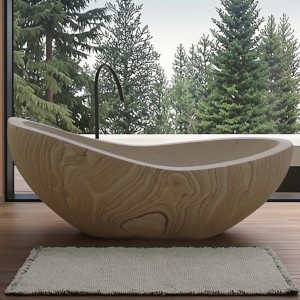 Warm Beige Natural Stone Bathtub with Organic Oval Shape for Cozy High-End Bathroom Interiors