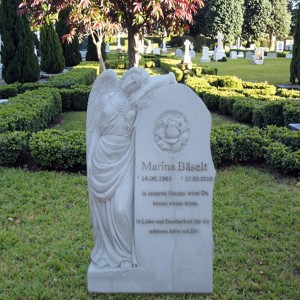 Custom White Polished Marble Tombstone with European Style Traditional Design Sad Angel Engraving Rest in Peace