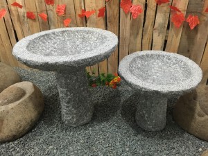 Round granite stone birdbath on stand