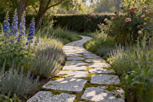 jimeng-2026-01-06-7855-生成场景图： 英式花园中蜿蜒的天然石板小径 画面描述： 一条由 不规则形状的浅灰...