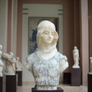 Neoclassical Floral Accented Bust Statue Indoor Hall Display with Smooth Marble Finish