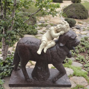 Dark Brown Stone Dog and Baby Sculpture, Natrual Garden Feature