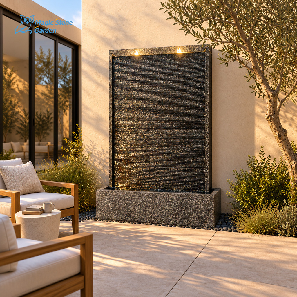 Granite Water Wall Fountain in a Patio Setting