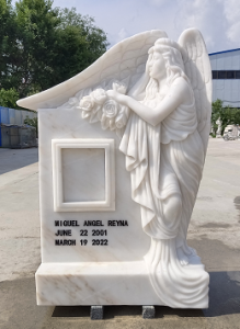 High Quality White Marble Praying Angel Tombstone Cemetery Hand Carved Heart-Shaped Memorial Traditional Design Style