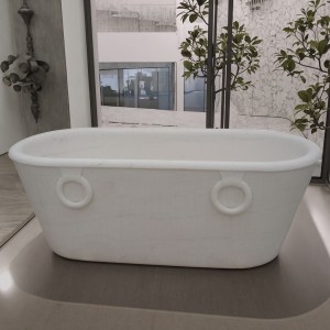 Oval-Shaped White Natural Stone Freestanding Bathtub with Smooth Curves for Comfortable Bathing