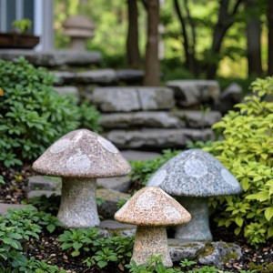 Antique Outdoor Hand Carved Granite Mushroom Sculpture