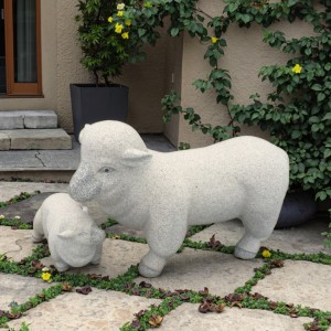 Hand – Carved White Granite Sheep Sculpture with Lamb Garden Family Ornament
