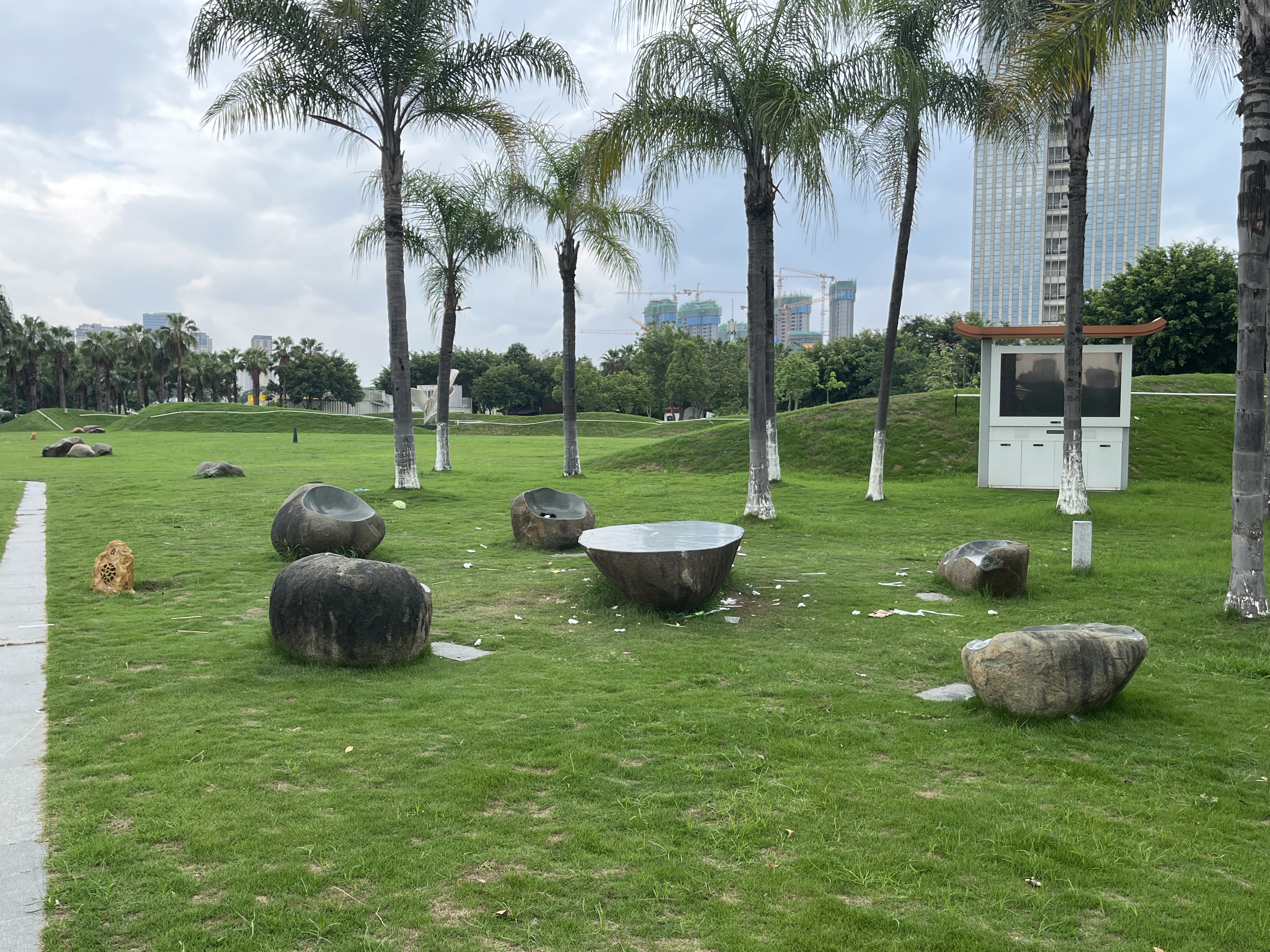 Natural stone table and benches for a park
