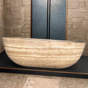 Elegant Beige Solid Stone Freestanding Bathtub with Smooth Surface for Modern Bathrooms