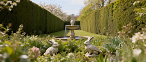 jimeng-2026-01-06-6476-生成场景图: 绿篱尽头的石雕喷泉与动物雕塑 画面描述: 一座 欧式石雕喷泉(如水...