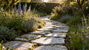 jimeng-2026-01-06-4255-一条由不规则形状的浅灰色花岗岩铺路石蜿蜒铺成的小径，石板表面略带苔藓和岁月痕迹。...