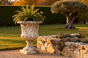 jimeng-2026-01-06-4492-生成场景图: 作为花园背景的天然石墙与古典石瓮 画面描述: 焦点是一个置于草坪或...