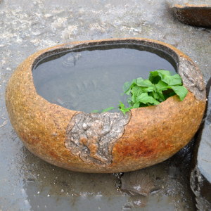 Boulder fish pool birdbath fountain with carved frog