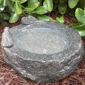 Round granite birdbath with bird statue decor